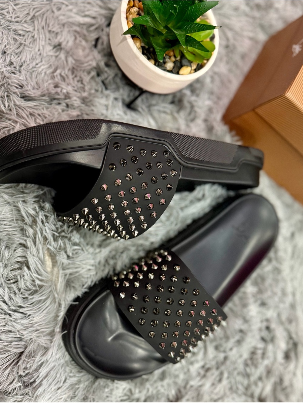 Women’s Christian Louboutin Black Studded Slide Sandals